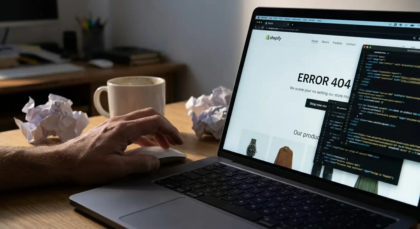 Erreur 404 sur une boutique Shopify, symbole des bugs qui bloquent les ventes