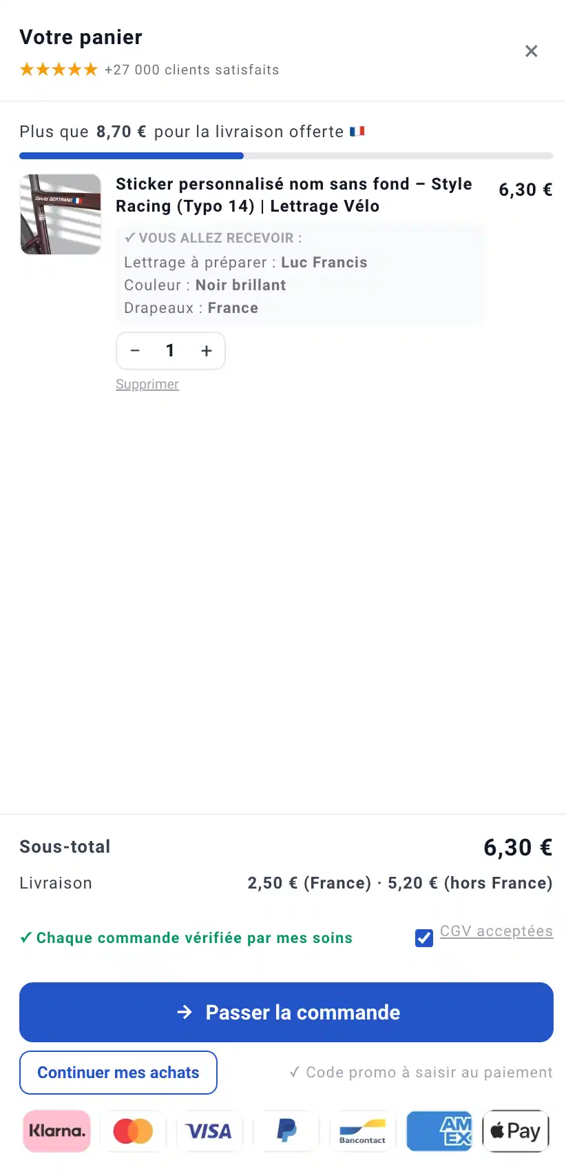 Tiroir panier construit sur lettrage-velo.com, avec récapitulatif de commande et moyens de paiement