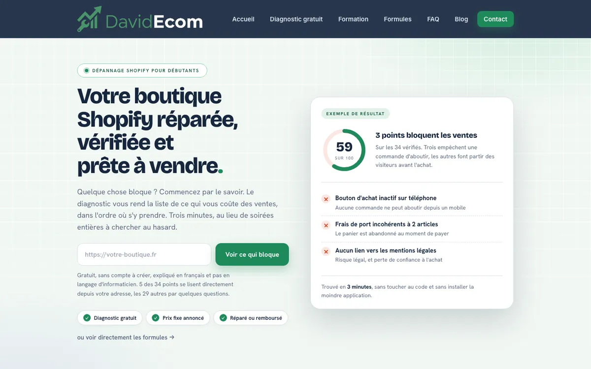 Page d'accueil de davidecom.fr, dépannage Shopify pour débutants