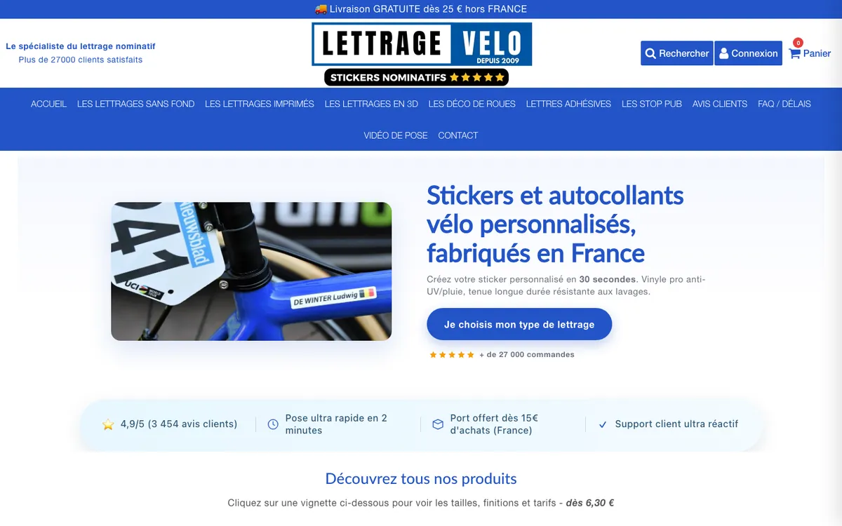 Page d'accueil de lettrage-velo.com, boutique de stickers vélo personnalisés