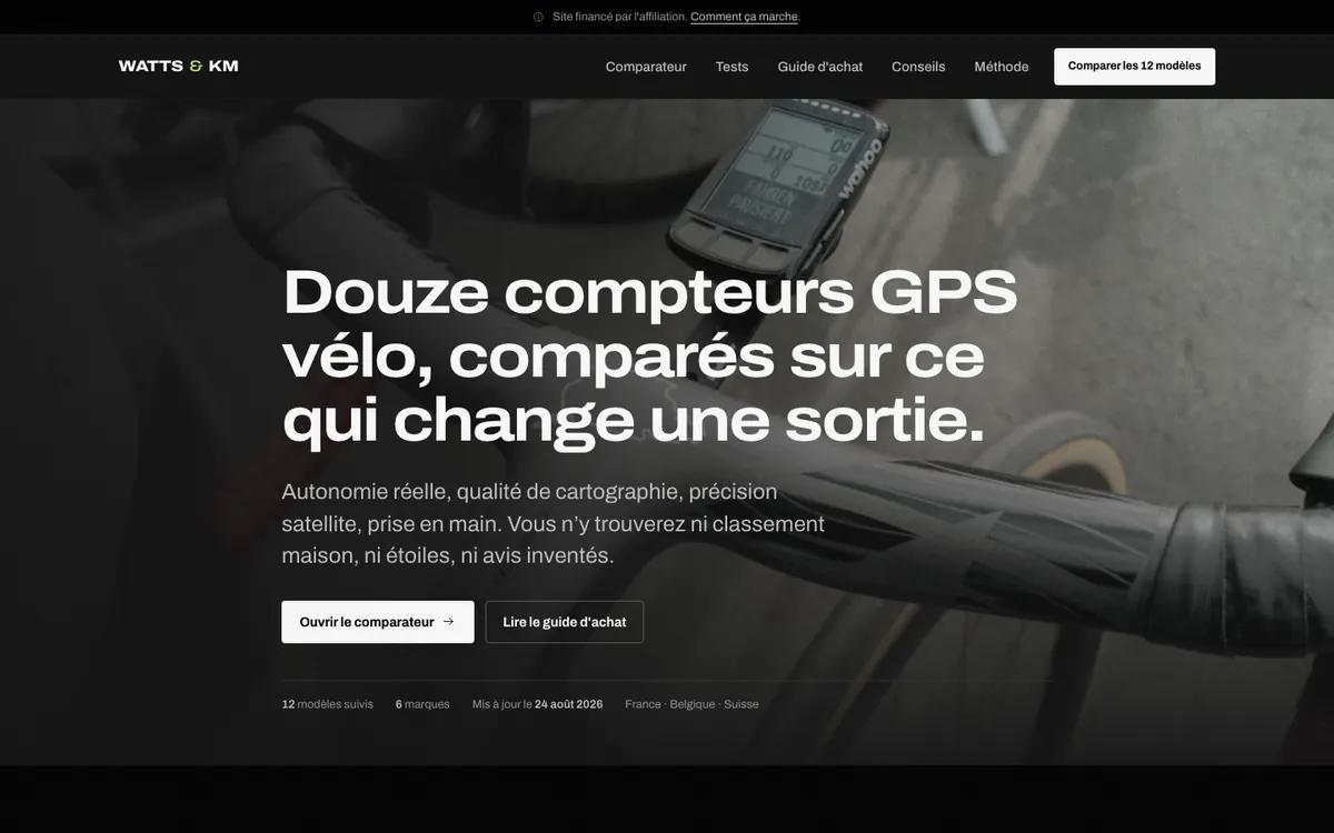 Page d'accueil de watts-et-km.fr, comparatif de compteurs GPS vélo