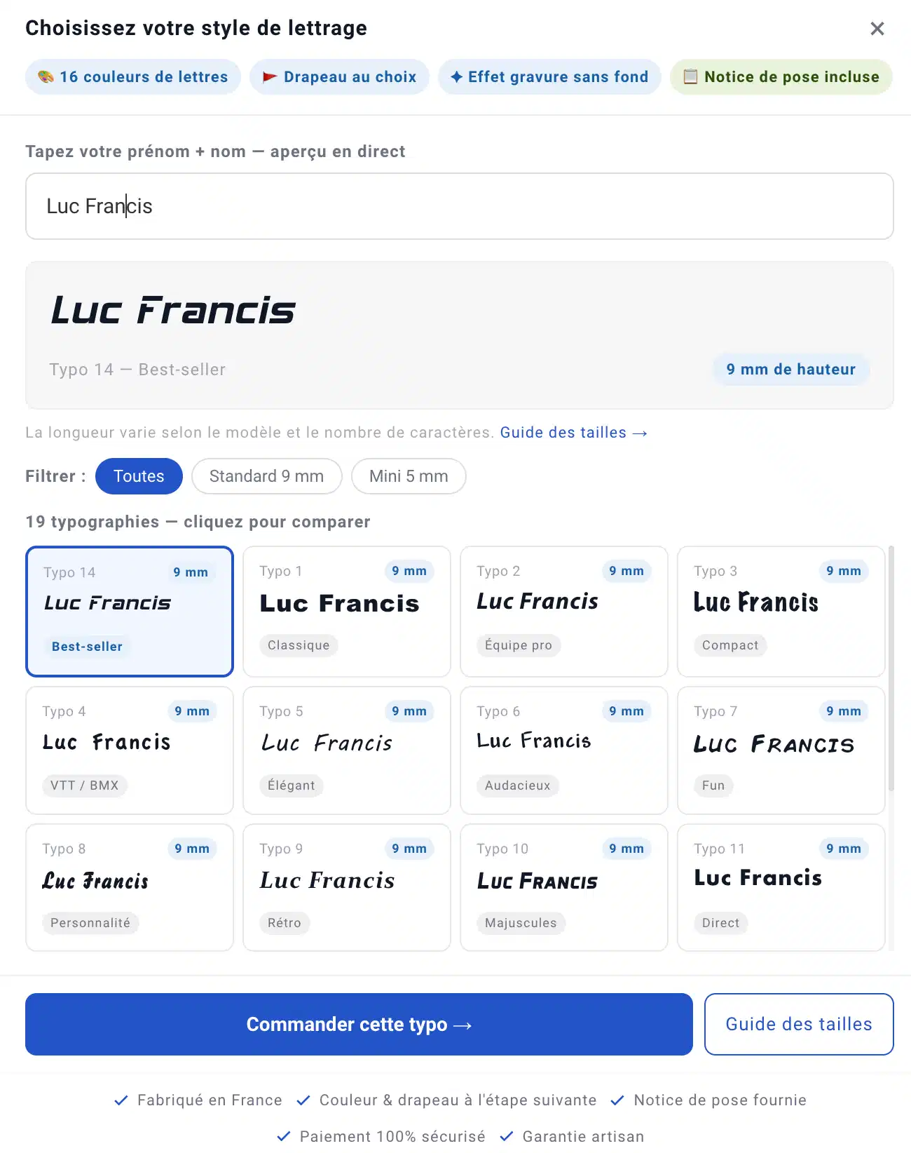 Sélecteur de personnalisation avec aperçu du texte gravé en temps réel, sur lettrage-velo.com